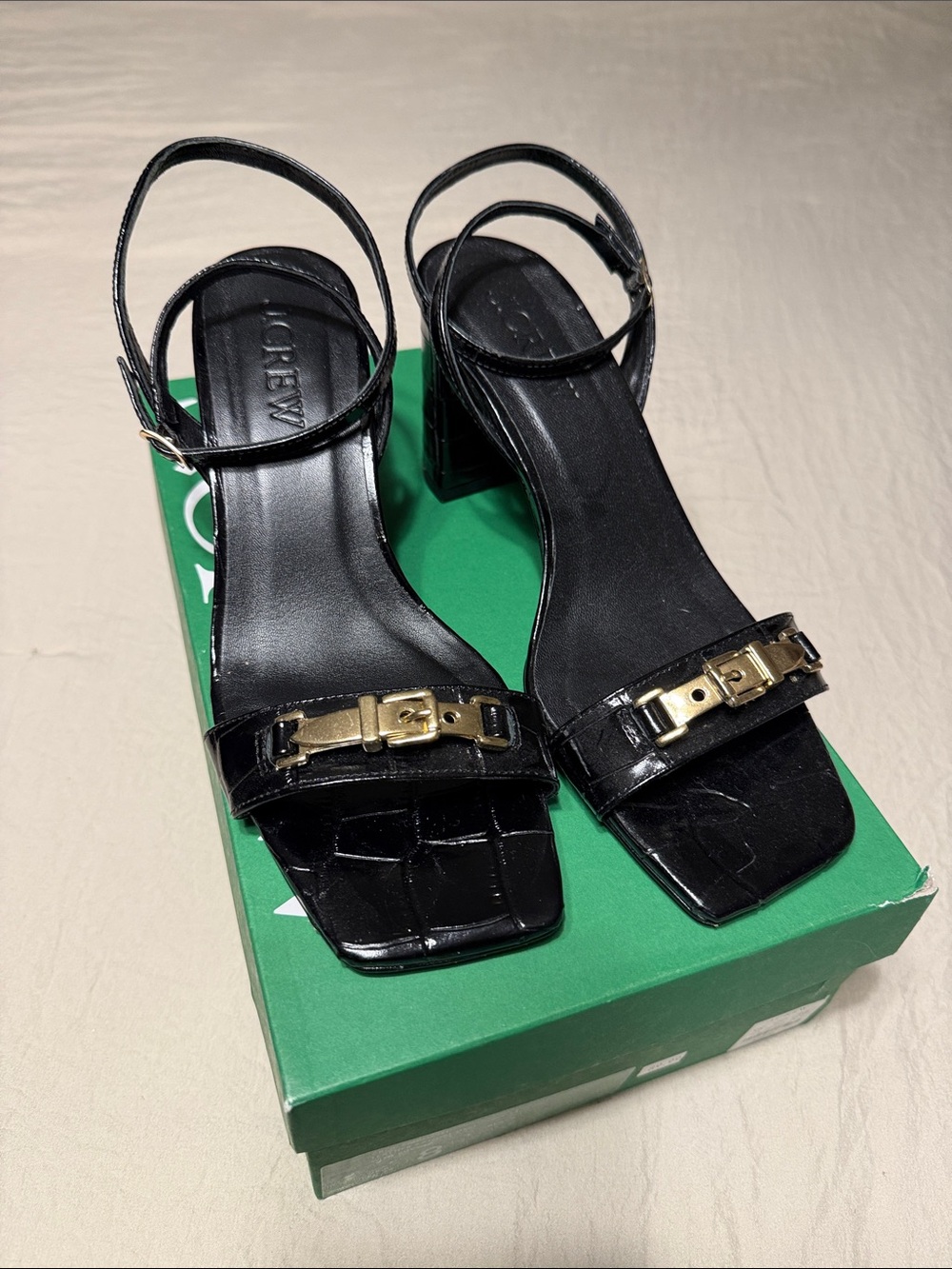 J. Crew Black Croc-Embossed Block Heel Sandals with Gold Buckle